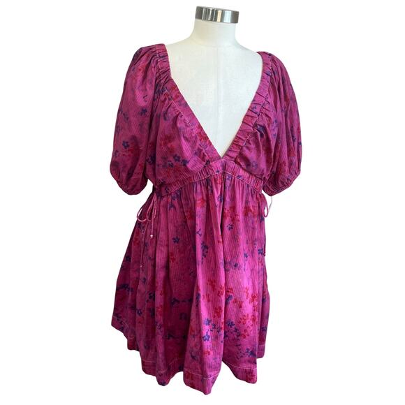 Abercrombie & Fitch 100% Cotton Babydoll Mini Dress Puff Sleeve Pink XL - Picture 1 of 7